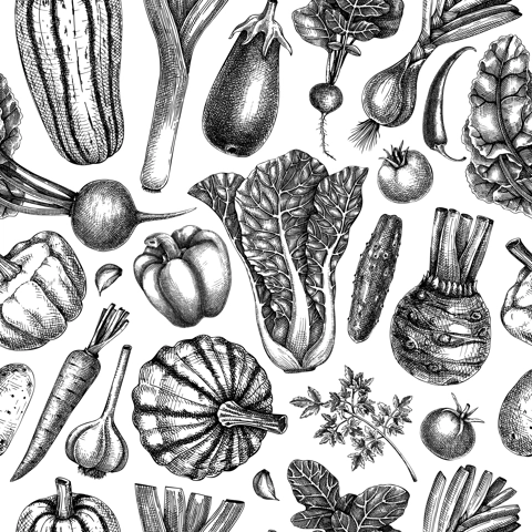 Hand-sketched vegetable seamless pattern. Vector background with healthy food elements in vintage style. Fresh vegetables backdrop for wrapping paper, banner, textile, menu design.
